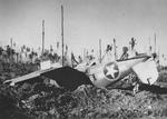 Overturned F4U-1 Corsair of Marine Squadron VMF-215 at the Munda Airstrip, New Georgia, Solomons, 1943