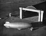 Aerial view of a US Navy K-class airship of Airship Patrol Squadron ZP-33 at NAS Tillamook, Oregon, United States, 1943-44.