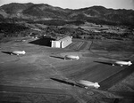 Aerial view of four US Navy K-class airships of Airship Patrol Squadron ZP-33 at NAS Tillamook, Oregon, United States, 1943-44.