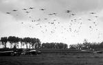 C-47 Skytrain aircraft of US 315th Troop Carrier Group dropping 41 sticks of 1st Polish Airborne Brigade into Grave, the Netherlands, 23 Sep 1944; note CG-4A gliders already on the ground. Photo 1 of 2.