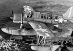 OS2U Kingfisher being launched by catapult from the cruiser Detroit in the Aleutians, 1944. Note the oversized National Insignia.