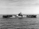 Broadside view of the starboard side of the USS Hornet (Essex-class) under way showing her Dazzle MS33/3a paint scheme, 5 Sep 1944.