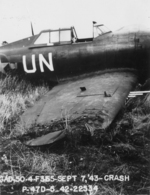 A P-47D Thunderbolt that crashed on take-off, Halesworth, Suffolk, England, United Kingdom, 7 Sep 1943. Photo 2 of 3.