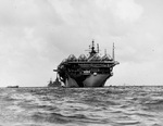 USS Yorktown (Essex-class) at anchor in the Majuro Lagoon, Marshall Islands, 5 Jun 1944. Note LCVP