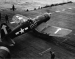 F4U-1D Corsair on the flight deck of USS Bunker Hill off Okinawa, 6 May 1945