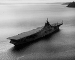 USS Wasp (Essex-class) just before departing Puget Sound Navy Yard, Bremerton, Washington, United States bound for San Francisco, California, 9 Jun 1945. Note new Measure 21 paint scheme, all over sea blue. Photo 5 of 5