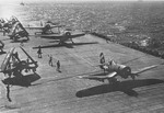 F4U Corsairs and TBM Avengers of Air Group 6 aboard USS Hancock off Okinawa, Japan, 2 Apr 1945