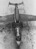 Overhead view of a Heinkel He-162 Volksjäger jet fighter, 1945, location unknown