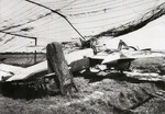 An abandoned Heinkel He-219 Uhu night fighter under tattered camouflage netting, date and location unknown.