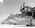 PBY Catalina patrol aircraft lined up on the seaplane ramp at the Naval Air Station at Corpus Christi, Texas, United States, circa 1941.