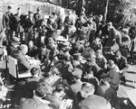 Franklin Roosevelt and Winston Churchill brief war correspondents in the gardens of Roosevelt’s Villa Dar es Saada in the Anfa neighborhood of Casablanca, French Morocco during the Casablanca Conference, 24 Jan 1943.