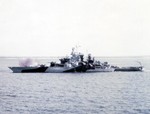 Battleship USS Tennessee bombarding Guam, Mariana Islands, 20 or 21 Jul 1944. Note the Measure 32, Design 1D paint scheme; only Tennessee was painted this way.