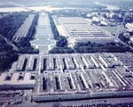 View from the top of the Washington Monument looking at the Lincoln Memorial, Washington DC, United States, 1944. Note the buildings of the Navy Department in the foreground that were removed after the Pentagon opened.