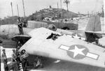 TBF-1 Avenger at Munda airfield, New Georgia, Solomon Islands, showing a damaged wing from Japanese anti-aircraft fire, Oct 1943.