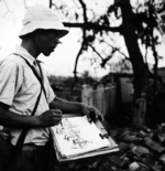 Japanese artist painting scene of destruction, Hiroshima, Japan, Sep 1945