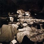 Japanese civilians in a refugee center inside a former bank, Hiroshima, Japan, Sep 1945