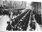 Adolf Hitler, Josef Dietrich, and others reviewing SS-Leibstandarte Adolf Hitler troops before the Kroll Opera House, Berlin, Germany, 1938