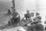 Members of US 5332nd Brigade (Provisional), Burma, 1945; Okie, Bill McCall, Kenyon, A. K. Bartlow, Carter, Bill Howard behind Hand