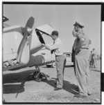 Douglas Bader inspecting a Norwegian Gemini aircraft, Fornebu, Bærum, Akershus, Norway, 1955, photo 2 of 8