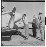 Douglas Bader inspecting a Norwegian Gemini aircraft, Fornebu, Bærum, Akershus, Norway, 1955, photo 3 of 8