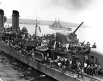 Destroyer USS Laffey (foreground) and cruiser USS Juneau in Luganville anchorage, Espiritu Santo, New Hebrides, 16 Sep 1942. Both ships arrived with survivors of the sunken USS Wasp (Wasp-class). Photo 2 of 4.