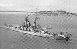 Battleship USS Iowa on display in San Francisco Bay, California, United States, 24 May 1947. Note San Francisco-Oakland Bay Bridge and Yerba Buena Island in the background.