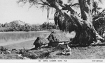 Postcard featuring huts by a coral lagoon, Cuva, Viti Levu, Fiji, 1940s