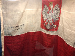 Battle flag of the destroyer ORP Piorun (Thunderer), famous for engaging the battleship Bismarck, on display at ORP Blyskawica, Gdynia, Poland, 15 Jun 2019