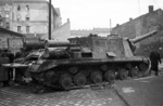 ISU-152 self-propelled gun at the intersection of Déri Miksa Street and Auróra Street, Budapest, Hungary, 30 Oct 1956