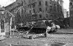 ISU-152 self-propelled guns and a T-34-85 tank on Kisfaludy Street, Budapest, Hungary, 30 Oct 1956, photo 3 of 4