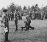 King George VI of the United Kingdom knighting General Miles Dempsey, investing him as a Knight Commander in the Most Honourable Order of the Bath at Montgomery’s headquarters at Hamont-Achel, Belgium, 15 Oct 1944.