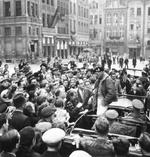 Field Marshal Bernard Montgomery talking to townspeople outside the Town Hall in Louvain, Belgium, 15 Sep 1944. In 1940, Louvain was the front line of Montgomery’s troops against the German Blitzkrieg.