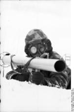 German Panzerschreck crew with gas masks, Soviet Union, Mar 1944, photo 2 of 4