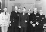 High-level naval conference in San Francisco, California, United States, 29 Sep 1944. L to R: Admiral Raymond Spruance, Admiral Ernest King, Rear Admiral Charles Cooke, Navy Secretary James Forrestal, Vice Admiral Randall Jacobs, Admiral Chester Nimitz, Vice Admiral Aubrey Fitch.