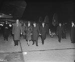 Clement Attlee, Violet Attlee, and others at Schiphol airport, Haarlemmermeer, Noord-Holland, the Netherlands, 3 Nov 1947