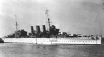 Cruiser HMS Cumberland, circa 1928. Location unknown. Note the hull painted white.