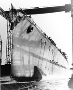 Launching of the Cleveland-class cruiser Pasadena at the Bethlehem Fore River Shipyard, Quincy, Massachusetts, United States 23 Dec 1943.