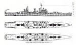 Schematic drawing of the United States Brooklyn-class light cruiser, of which there were nine. The Brooklyn-class design had a large influence on subsequent cruiser designs, both large cruisers and light.