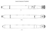 United States Navy diagram of German torpedo types. The Type I (top) had a typical wet heater engine; The Type III was the first German electric torpedo; and the Type V (GNAT) was an acoustic homing torpedo.