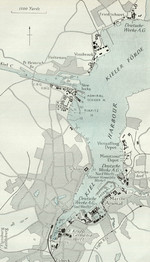 Map showing the locations of Howaldtswerke, Deutsche Werke, and Friedrich Krupp Germaniawerft in Kiel, Germany, late 1930s