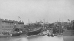 View of Slips 8-11 at the F. Schichau Elbing shipyard in Elbing, Germany (now Elblag, Poland), date unknown; note a torpedo boat being launched from Slip 9