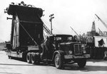 A ship’s boiler being delivered to the Marinship yard, Sausalito, California, United States, circa 1944. Boilers were made on the San Francisco Peninsula and trucked across the Golden Gate Bridge to Marinship.