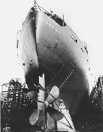 A rudder’s-eye-view of Liberty-ship F A C Muhlenberg on the ways at CalShip, Los Angeles, California, United States, May 1942.