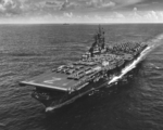 USS Shangri-La underway, Pacific Ocean, 17 Aug 1946; note air group identification letter Z on flight deck rather than the usual hull number 38