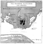 US Navy chart showing the positions of Vila airstrip and Stanmore Plantation on Kolombangara Island next to Blackett Strait, Solomon Islands, 6 Mar 1943. The US Navy subjected this area to many naval bombardments.