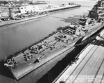 Overhead view of the forward decks of cruiser USS St. Louis at Mare Island Naval Shipyard, Vallejo, California, USS, 6 Mar 1942.