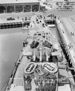 Mare Island photo of bow damage to USS St. Louis after a torpedo hit in the Battle of Kolombangara, 13 Jul 1943, although this photo was taken on 19 Aug 1943. Note the offset from center of 12ft 7in. Photo 1 of 2.