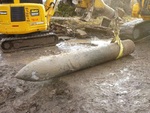 Disney Bomb warhead after extraction from the reinforced concrete roof of the Watten Bunker near Watten, France, 27 Jan 2009, over 60 years after it was dropped there. Note the lack of deformation to the nose.