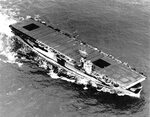 Escort carrier USS Ommaney Bay steaming off Hawaii, Jul 1944. Note the Measure 33, Design 15A dazzle paint scheme.