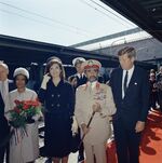 US Chief of Protocol Angier Biddle Duke, Princess Hirut Desta of Ethiopia, US First Lady Jacqueline Kennedy, Emperor Haile Selassie I of Ethiopia, and US President John Kennedy, Union Station, Washington, United States, 1 Oct 1963; also present were US Captain Tazewell Shepard (in naval uniform, behind Haile Selassie I), and Ambassadors Mostafa Kamel of United Arab Republic and Osman El Hadari of Sudan (both at right edge of photograph)